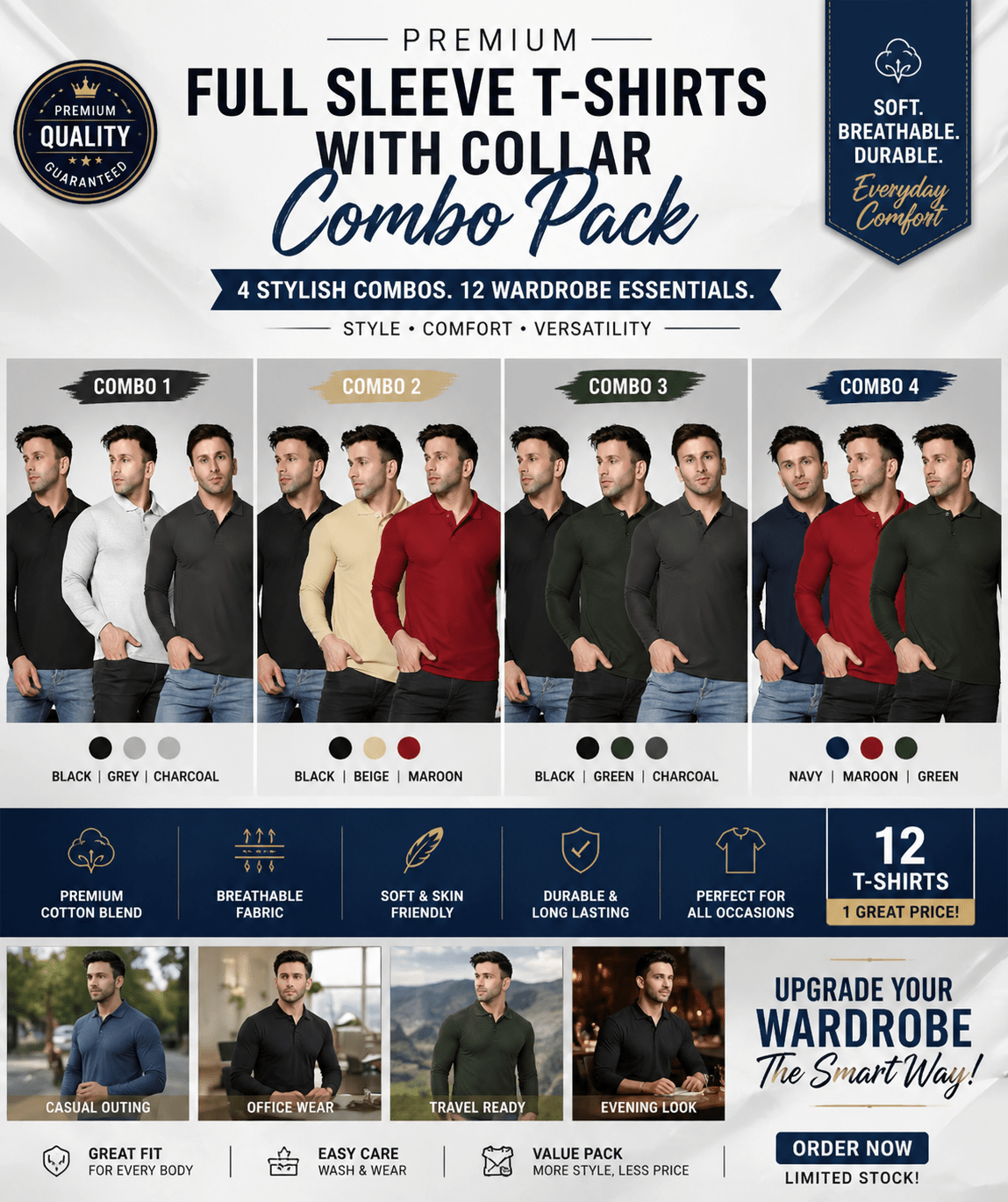 Full Sleeve T Shirts with Collar Combo
